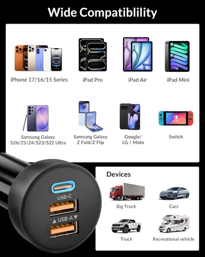 Miniatura 7 de 3-Port 70W Fast Car Charger for iPhone 14 13 12 11 Pro Max SE XR XS X 8 7 6 Plus, iPad, 2 Pack USB C Car Charger Adapter Cigarette Lighter with