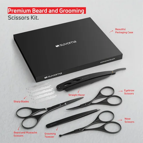 Miniatura 2 de Suvorna Juego de barba y bigote prémium con tijeras de barba para hombres, maquinilla de afeitar recta con cuchillas, tijeras faciales