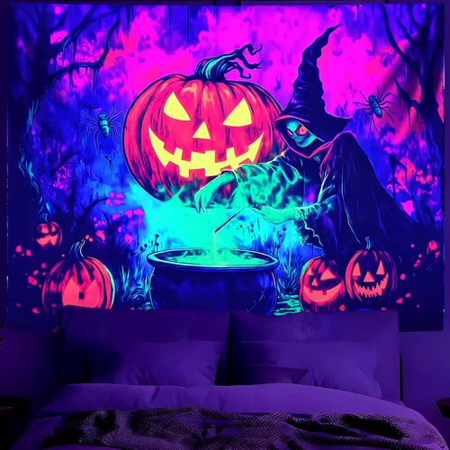 Miniatura 22 de BVBOX Tapiz de Halloween con luz negra, reactivo a los rayos UV que brilla en la oscuridad, póster de tapiz trippy con luz negra para sala de estar