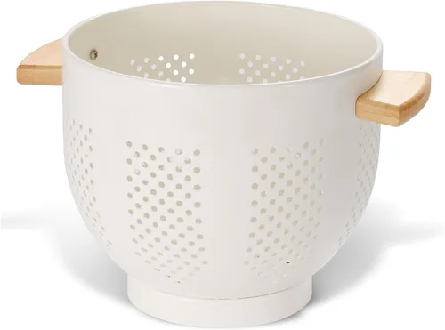 Miniatura 10 de Colador de metal con mango de madera y base estable, cesta coladora de cocina de acero con recubrimiento en polvo para escurrir pasta, verduras
