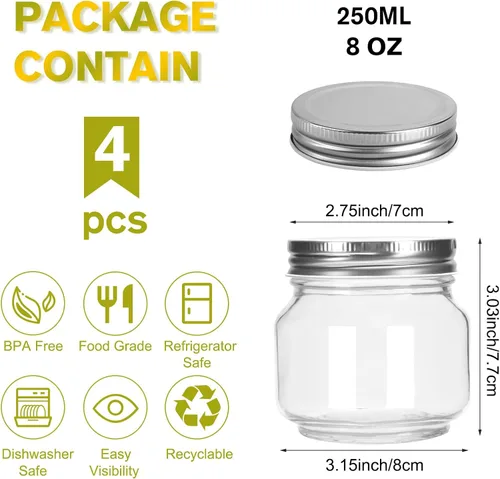 Miniatura 2 de Frascos de vidrio Mason, paquete de 4 tarros de 8.5 onzas de vidrio transparente con boca regular y tapas para sellar, ideales para almacenamiento
