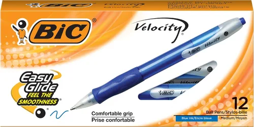 BIC Velocity - Bolígrafos retráctiles, punta media (0.039 pulgadas), tinta azul, paquete de 12 unidades, con agarre cómodo