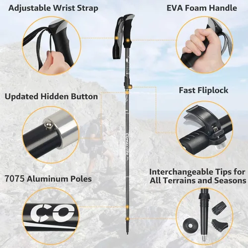 Miniatura 3 de Covacure Trekking Poles Collapsible Hiking Poles - 2 Pcs Aluminum Alloy 7075 Trekking Sticks with Quick Lock System, Telescopic, Collapsible for
