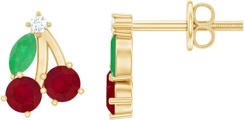 Aretes de cereza esmeralda y rubí natural para mujer, calidad AAA certificada, aretes de tuerca de cereza roja