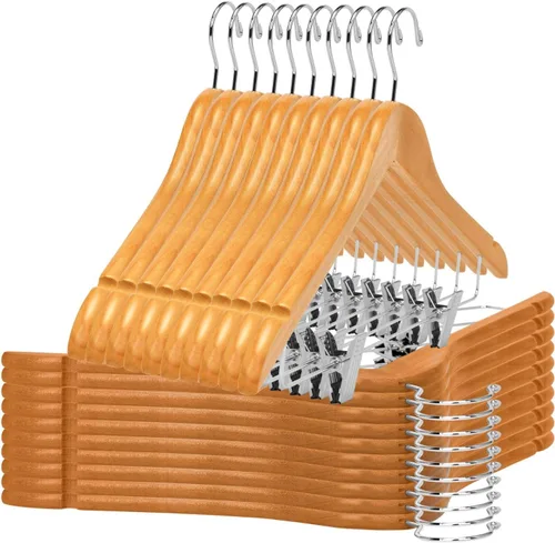 Miniatura 18 de Perchas de madera de calidad para faldas con clips, paquete de 20 perchas de nogal para pantalones con clips de metal dorado ajustables, gancho