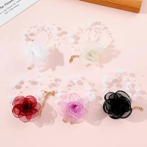 Miniatura 6 de Gargantilla de flor de rosa de camelia, collar de perlas artificiales vintage para mujer, accesorios elegantes para el cuello, collares de fiesta