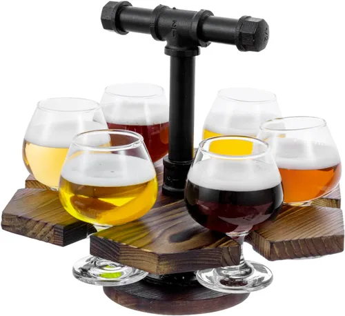 Miniatura 12 de MyGift Juego de servidor de vuelo de cerveza geométrica de madera maciza quemada con mango de tubo de metal industrial rústico, 4 vasos de cerveza