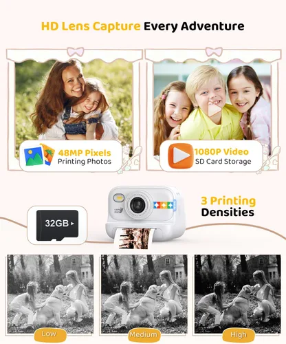 Miniatura 6 de Cámara de impresión instantánea en color para niños – Cámara para niños con 5 hojas de papel fotográfico de color, 48MP y video 1080P, 21 marcos