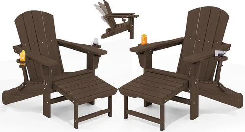 Miniatura 17 de KINGYES Silla Adirondack plegable ajustable con otomana retráctil, silla reclinable Adirondack de polietileno de alta densidad con soporte