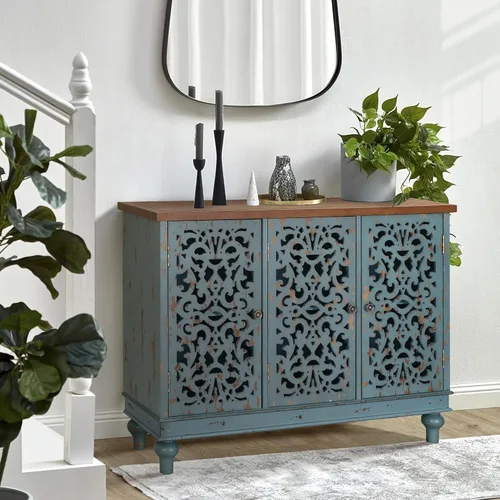 Miniatura 15 de MAISON ARTS Gabinete de Acento Pequeño con Una Puerta, Gabinete de Almacenamiento Calado Mesa Lateral Envejecida con Patas de Madera Sólida para Azul