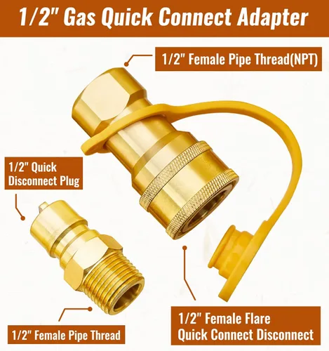 Miniatura 2 de CALPOSE Kit de conexión rápida de gas de 1/2", conector de desconexión rápida de gas LP y enchufe de inserción macho, latón macizo