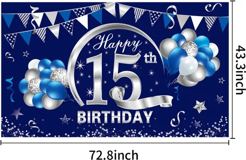Miniatura 2 de Cartel de cumpleaños número 15 azul y plateado para niños, suministros de fiesta de fondo de cumpleaños de 15 años, póster de quince cumpleaños