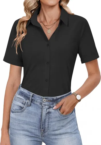 Miniatura 12 de HOTOUCH Camisas con botones para mujer, camisas de vestir de manga corta, blusas casuales de negocios, blusa de trabajo de oficina