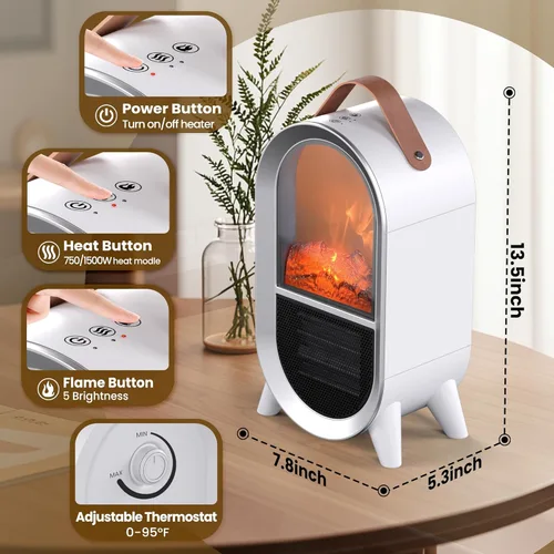 Miniatura 5 de Riseon - Calentador de chimenea eléctrico portátil, 1500W/750W, mini calentador de espacio para uso en interiores con llama 3D, termostato, asa