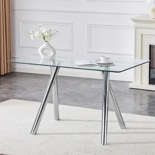 Miniatura 21 de Mesa de comedor de cristal de 51 pulgadas, mesa de comedor para 4-6, mesa de cocina dorada con patas de metal superior de vidrio templado