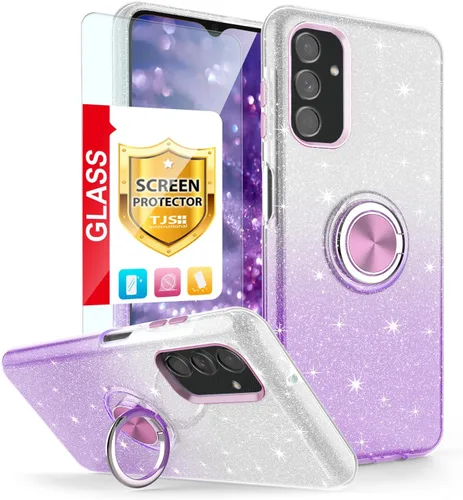 TJS Funda compatible con Samsung Galaxy A54 5G, con protector de pantalla de vidrio templado, anillo de metal, soporte magnético, tono brillante,