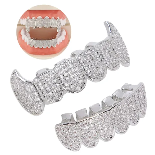 Rejillas de dientes de cobre chapado en frío, oro plateado, dientes de diamante helados para hombres y mujeres rapero traje dientes joyería y