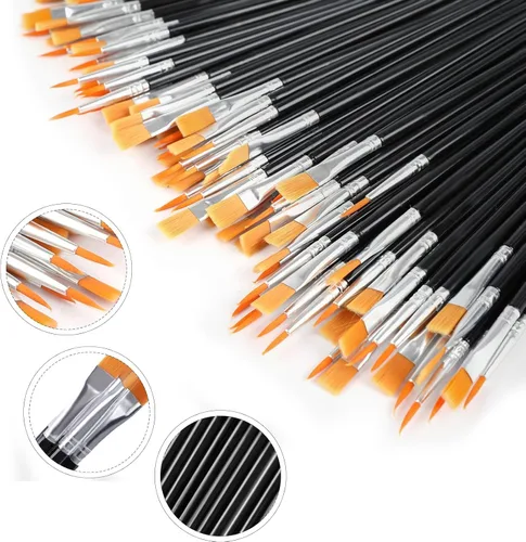 Miniatura 6 de AROIC Pinceles de Pintura Pequeños a Granel, 200 Piezas de Pinceles de Pintura de Pelo de Nylon Negro con Punta Plana y Redonda, Kits de Pinceles