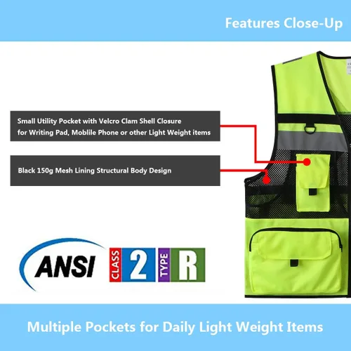 Chaleco de seguridad reflectante de alta visibilidad, clase 2, 10 bolsillos, transpirable y forro de malla, ropa de trabajo (M-2XL, amarillo negro)