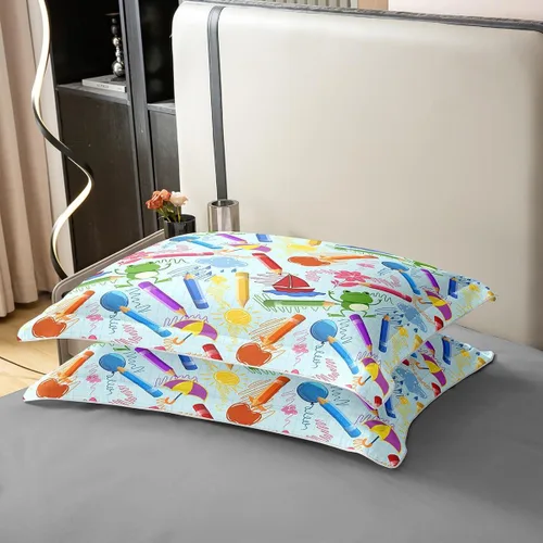 Miniatura 6 de jejeloiu Juego de ropa de cama de lápiz de dibujos animados para niños, tamaño individual, colorido cuarto de bebé, 100% algodón, funda de edredón