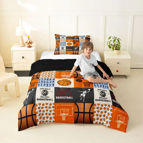 Boy Basketball Comforter Set Twin Size,Ball Sport Games Bedding Sets 2Pcs for Girls Boys Teens Room Decor,Basketball Player Silhouette Duvet Insert