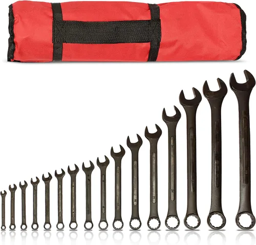 ABN Juego de llaves combinadas - Juego de llaves métricas de panel elevado de 16 piezas con bolsa enrollable, juego de llaves inglesas negras