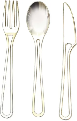 Miniatura 6 de Efavormart - Juego de utensilios de plástico con diseño moderno de mango hueco dorado de 7 pulgadas, tenedores, cucharas y cuchillos desechables, Oro