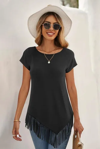 Miniatura 5 de liher Camisetas de verano para mujer, manga corta, raglán, cuello redondo, dobladillo asimétrico, con flecos, túnica
