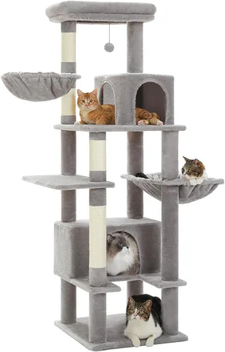 Miniatura 8 de PEQULTI Árbol para gatos de interior de 66 pulgadas, torre alta para gatos grandes con poste rascador, hamaca de metal súper grande y 2 condominios