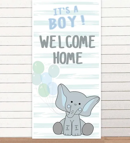 Cartel de elefante de dibujos animados con texto en inglés "It's A Boy Welcome Home" con texto en inglés "It's A Boy" (Bienvenido a casa) lindo