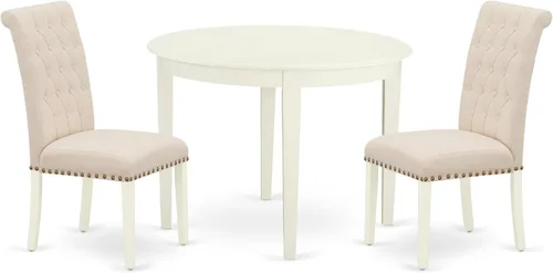 East West Furniture BOBR3-WHI-02 - Juego de mesa de comedor moderno de 3 piezas que contiene una mesa de cocina redonda y 2 sillas de comedor Parson