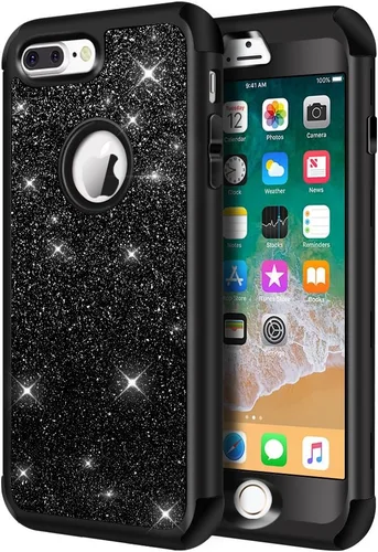 Hython Defender con brillantina, carcasa rígida híbrida, a prueba de golpes, goma para iPhone 7 Plus y 8 Plus, Negro Oscuro