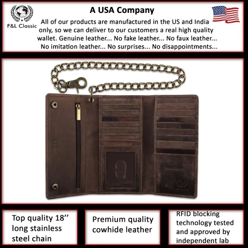 Miniatura 2 de FL CLASSIC Cartera de cadena de acero de cuero vacuno con bloqueo RFID para hombre Marrón antiguo Cartera RFID