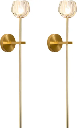 BOKT Juego de 2 apliques de pared de cristal dorado moderno de mediados de siglo, juego de 2 lámparas de pared largas de latón cepillado dorado de