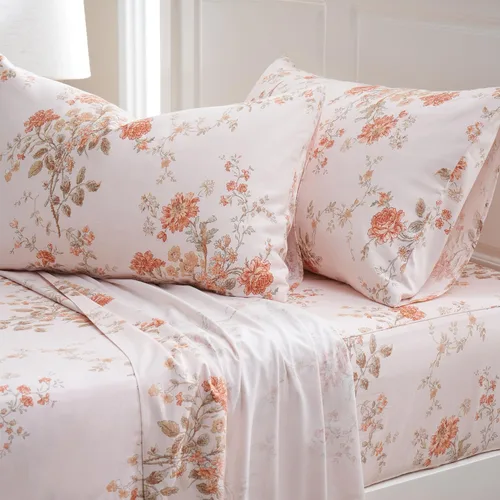 Miniatura 18 de Zusbest Juego de sábanas florales de 100 % algodón percal, color naranja y amarillo, juego de sábanas suaves y transpirables con diseño botánico