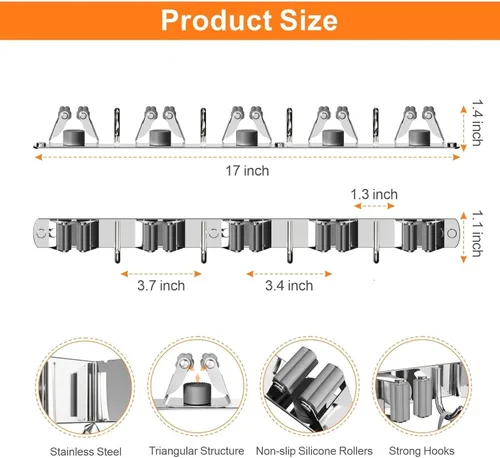 Miniatura 3 de CUXIXA Organizador de escoba y trapeador para colgar en la pared, soporte de pared mejorado para trapeador y escoba, soporte de pared de acero Plata