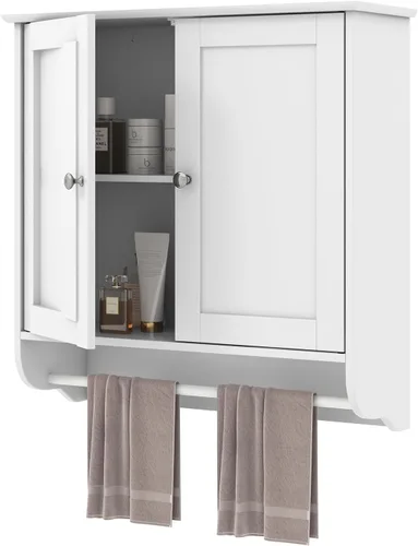 Miniatura 8 de COSTWAY Armario de baño montado en la pared, armario de almacenamiento sobre el inodoro con toallero, 2 puertas y estante ajustable, gabinete