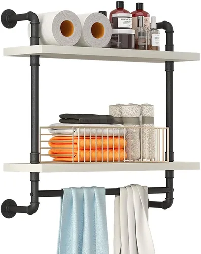 Miniatura 8 de Helsin Estantes de Baño Flotantes de Tubería Industrial Montados en la Pared con Barra de Toallas, Estante de Pared de Madera Rústica de 2 Niveles
