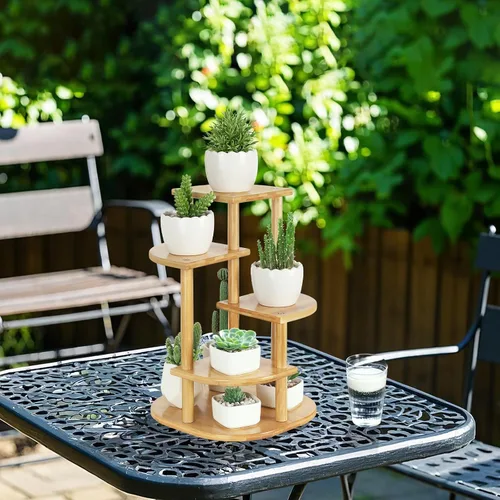 Miniatura 8 de Jotsport Soporte de bambú de 5 niveles para plantas, estante pequeño para alféizar de ventana, mini suculentas, soporte de exhibición para sala
