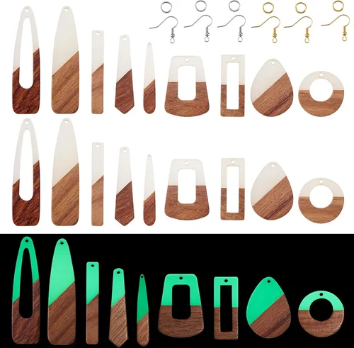 Miniatura 20 de Beadthoven - Dijes de madera de resina para bricolaje, colgantes de aretes de lágrima multicolor, triángulo, círculo redondo, rombo, barra