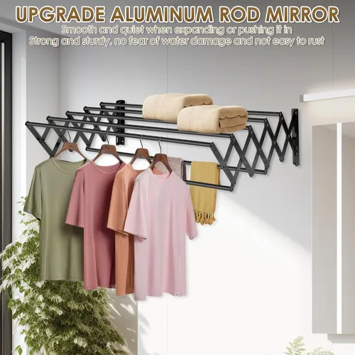 Miniatura 6 de XL-31.5'' Tendedero de Ropa Montado en la Pared, 130 lbs Gran Capacidad Antioxidante Retráctil Plegable Tendedero Fácil Instalación con 7 Varillas