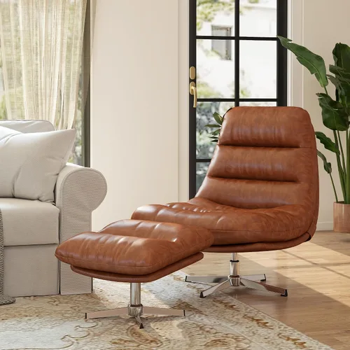 Miniatura 9 de HNY Silla de salón giratoria marrón con otomana moderna silla de cuero sintético con reposapiés de 33 pulgadas de ancho, silla de lectura tapizada