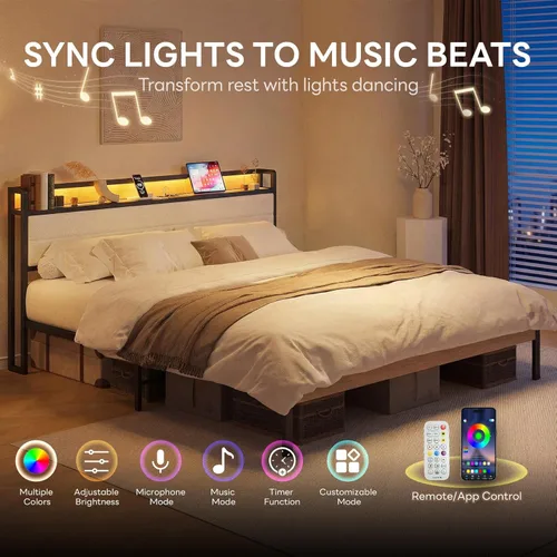 Miniatura 3 de LIKIMIO Base de cama tamaño King, cabecera de almacenamiento con luces LED y estación de carga, plataforma de metal, no necesita somier, sin ruido
