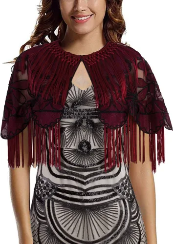 Miniatura 3 de VIJIV - Chal negro para mujer de los años 20 con flecos bordados para noche