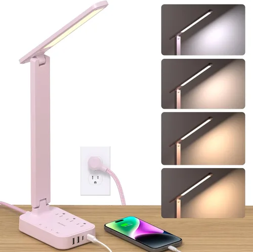 Miniatura 13 de Addtam Lámpara LED de escritorio, tira de alimentación con 3 tomas, 4 puertos de carga USB (2 USBC), 4 modos, lámpara táctil de 5 niveles de brillo