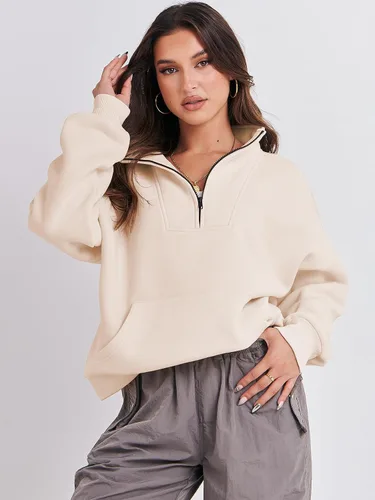 Miniatura 2 de ANRABESS Sudaderas con media cremallera para mujer, sudaderas cortas de gran tamaño, con cremallera de un cuarto, suéter de forro polar, suéter