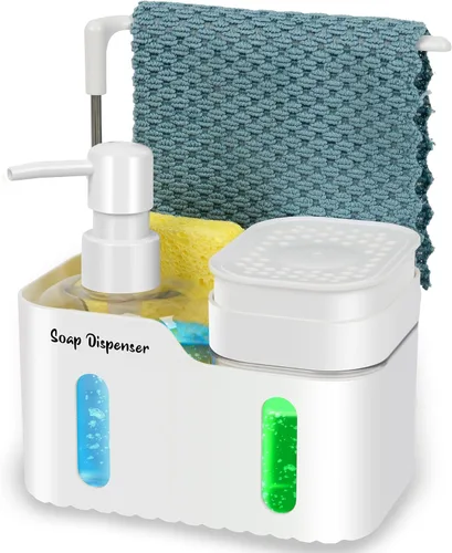 Miniatura 8 de Juego de dispensador de jabón de manos y jabón para platos para cocina, dispensador de jabón doble con soporte para esponja y soporte para paños