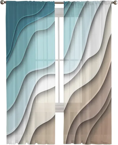 Paneles de cortina translúcidos con diseño geométrico moderno de 52 x 63 pulgadas, 2 cortinas de gasa para ventana de color verde azulado, con ondas