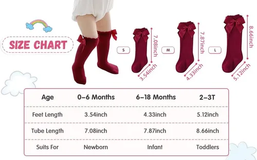 Miniatura 7 de Century Star Calcetines altos con lazo para niñas y bebés, calcetines de tubo con volantes, para uniforme escolar, leggings largos