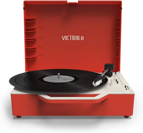 Miniatura 9 de Victrola Re-Spin Reproductor de discos de vinilo, maleta, sostenible, 3 velocidades (33 1/3, 45 y 78 RPM), Bluetooth, correa, radiador de graves